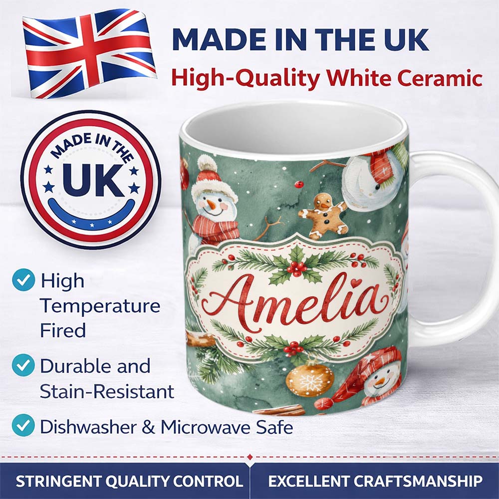 Personalized Custom Name Cute Snowman Gingerbread Baubles Winter Watercolor Seamless Pattern 11oz Ceramic Coffee Tea Mug White Large Handle