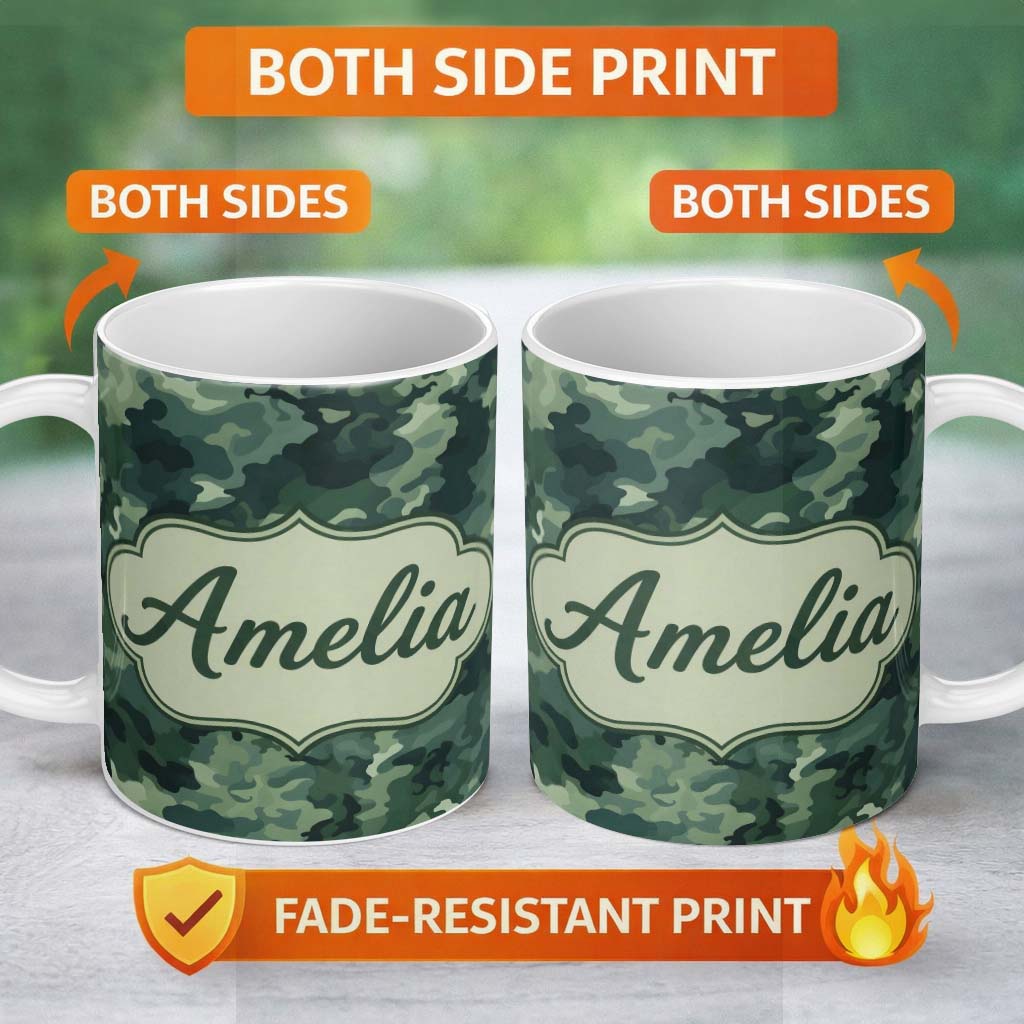 Personalized Custom Name Muted Sage Camouflage Seamless Pattern Thoughtful Gift Idea Lovely 11oz Ceramic Coffee Tea Mug White Large Handle