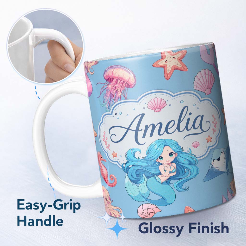 Personalized Custom Name Cute Kawaii Mermaid Ocean Friends Jellyfish Starfish Blue Background 11oz Ceramic Coffee Tea Mug White Large Handle