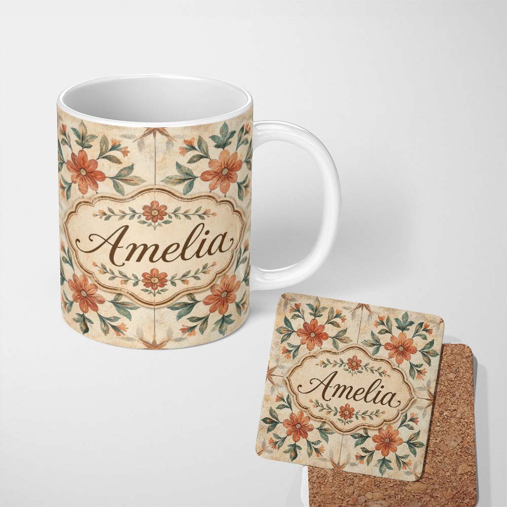Personalized Custom Name Vintage Tile Style Floral Motif Soft Neutral Seamless Pattern Lovely 11oz Ceramic Coffee Tea Mug White Large Handle