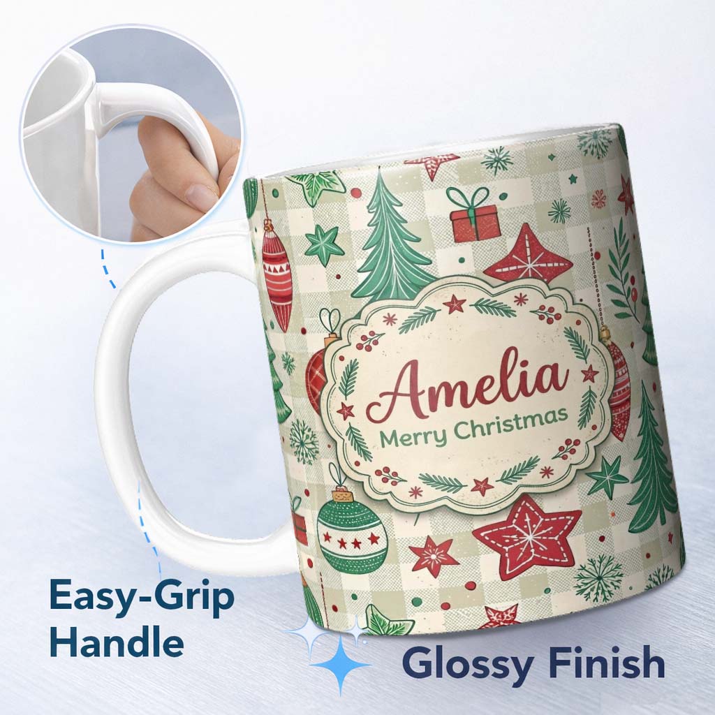 Personalized Custom Name Christmas Ornaments Trees Snowflakes Checkered Festive Seamless 11oz Ceramic Coffee Tea Mug White Large Handle