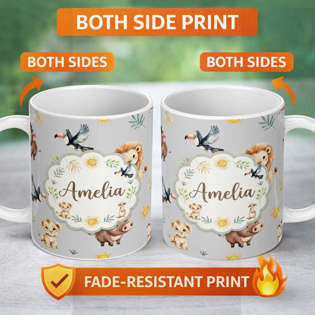 Personalized Custom Name Jungle Animals Lion Meerkat Toucan Boar on Grey Seamless Pattern 11oz Ceramic Coffee Tea Mug White Large Handle