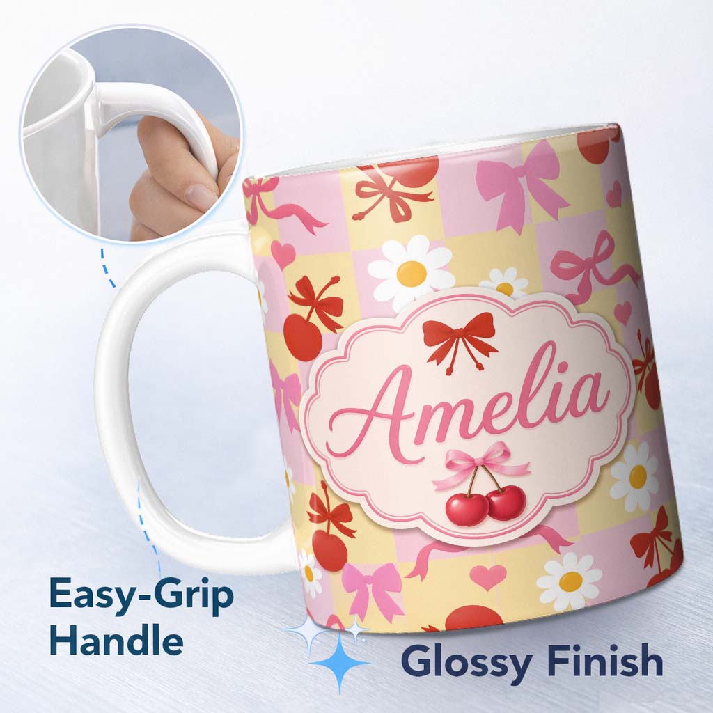 Personalized Custom Name Cute Cherry Bow Daisy Heart on Pink and Yellow Gingham Background 11oz Ceramic Coffee Tea Mug White Large Handle