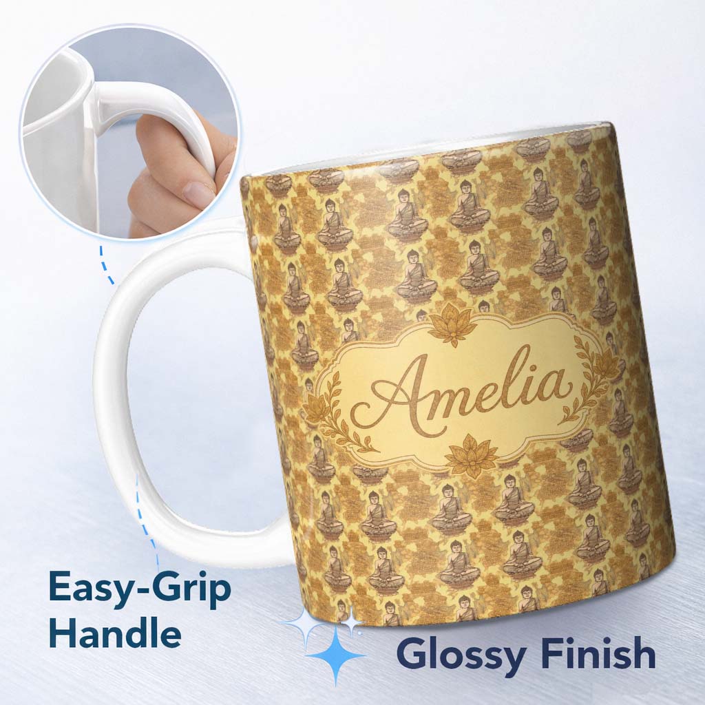 Personalized Custom Name Serene Buddha Sitting with Floral Background Seamless Pattern Lovely 11oz Ceramic Coffee Tea Mug White Large Handle