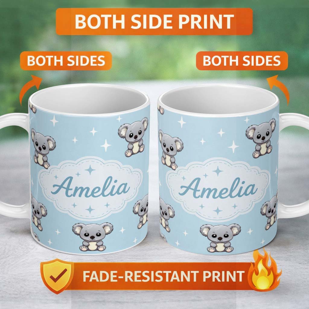 Personalized Custom Name Cute Cartoon Koala Bears with Stars on Blue Background Seamless 11oz Ceramic Coffee Tea Mug White Large Handle