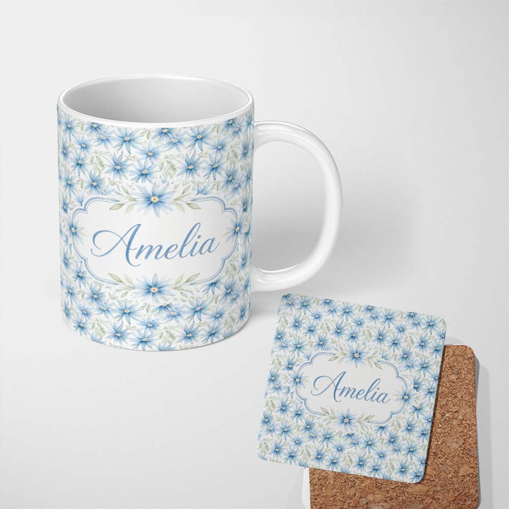 Personalized Custom Name Light Blue Daisy Style Floral Seamless Pattern Thoughtful Gift Idea 11oz Ceramic Coffee Tea Mug White Large Handle