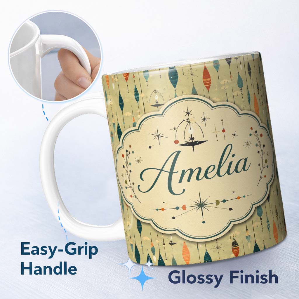 Personalized Custom Name Hanging Ornaments Mid Century Seamless Pattern Cute Unique Gift 11oz Ceramic Coffee Tea Mug White Large Handle