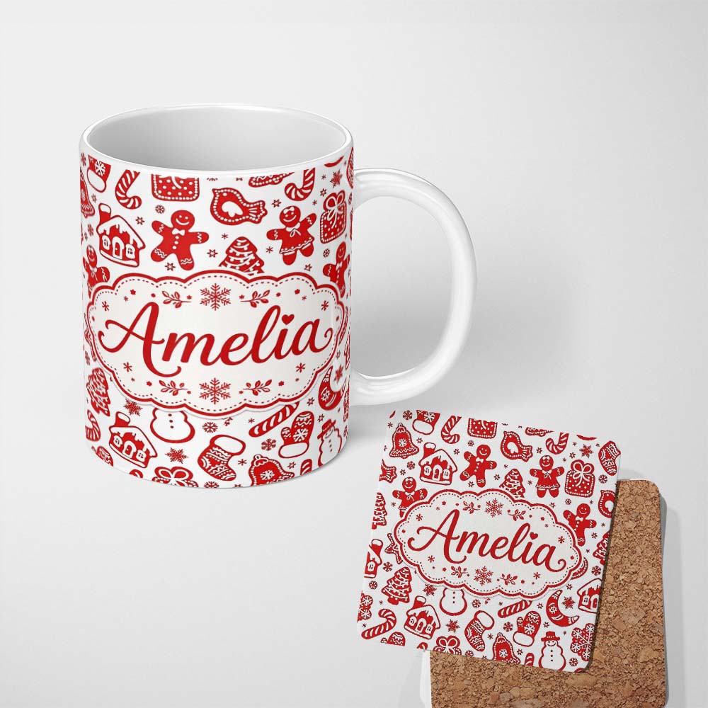 Personalized Custom Name Red Christmas Gingerbread Snowflake Seamless Pattern Lovely 11oz Ceramic Coffee Tea Mug White Large Handle