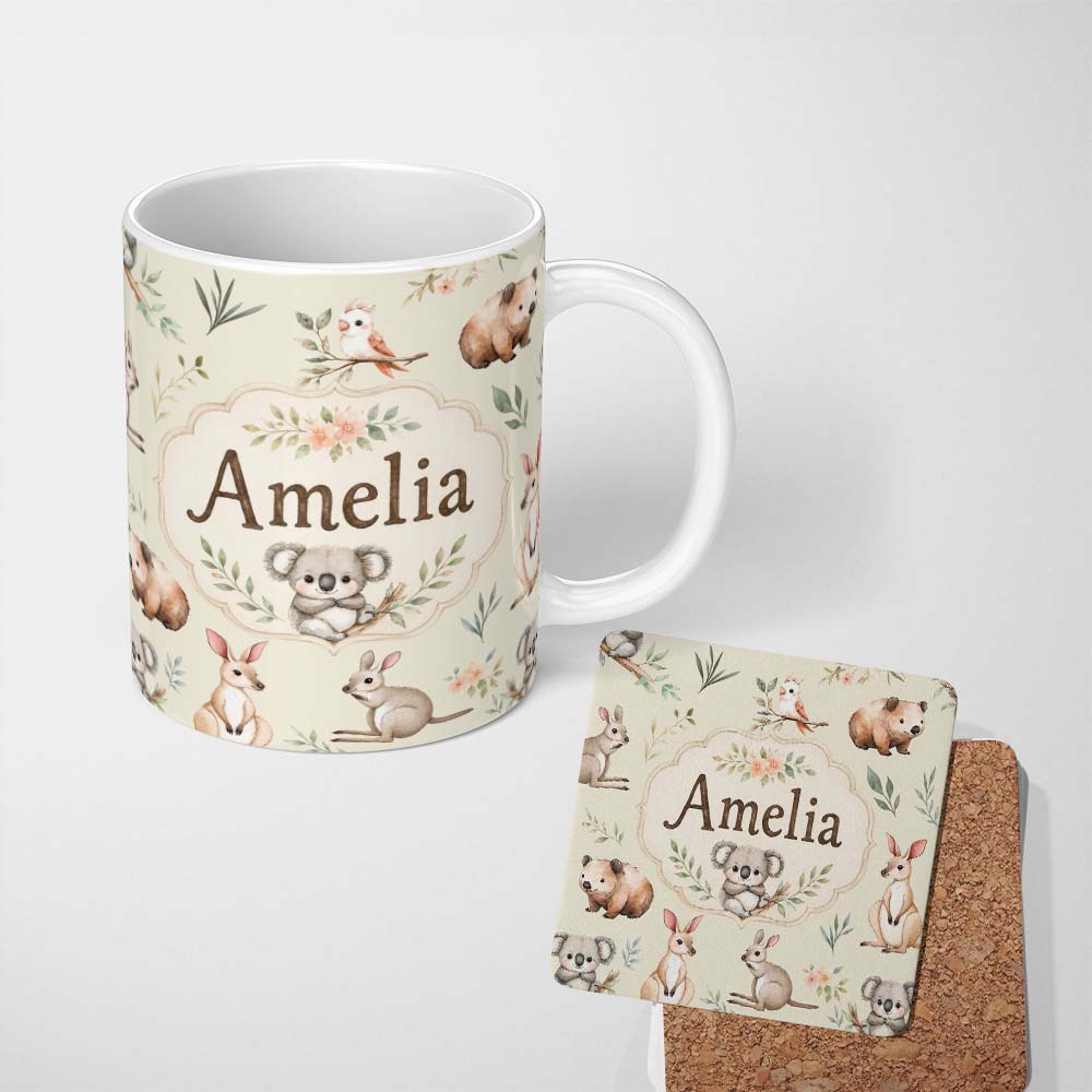 Personalized Custom Name Woodland Animals Koala Kangaroo Bear Floral Sage Green Seamless 11oz Ceramic Coffee Tea Mug White Large Handle
