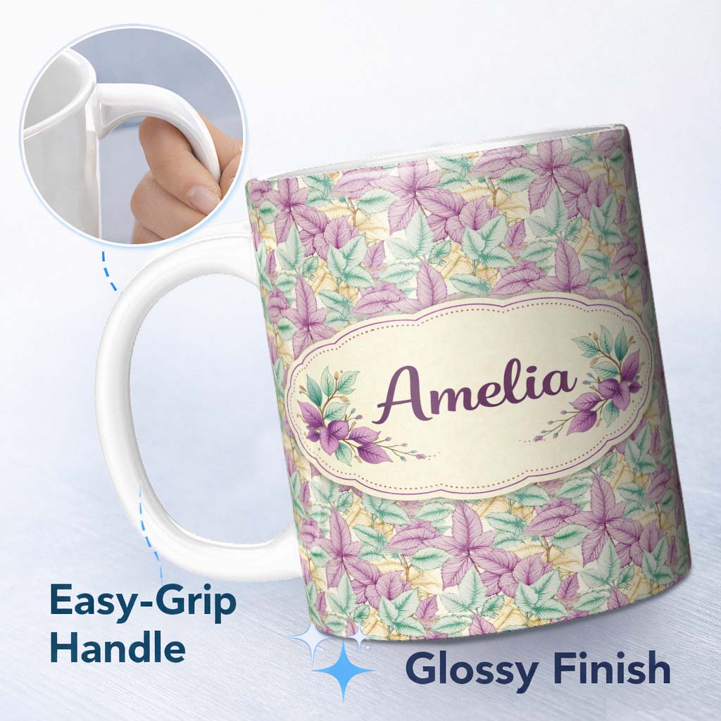 Personalized Custom Name Light Pastel Botanical Leaves Elegant Seamless Pattern Lovely 11oz Ceramic Coffee Tea Mug White Large Handle