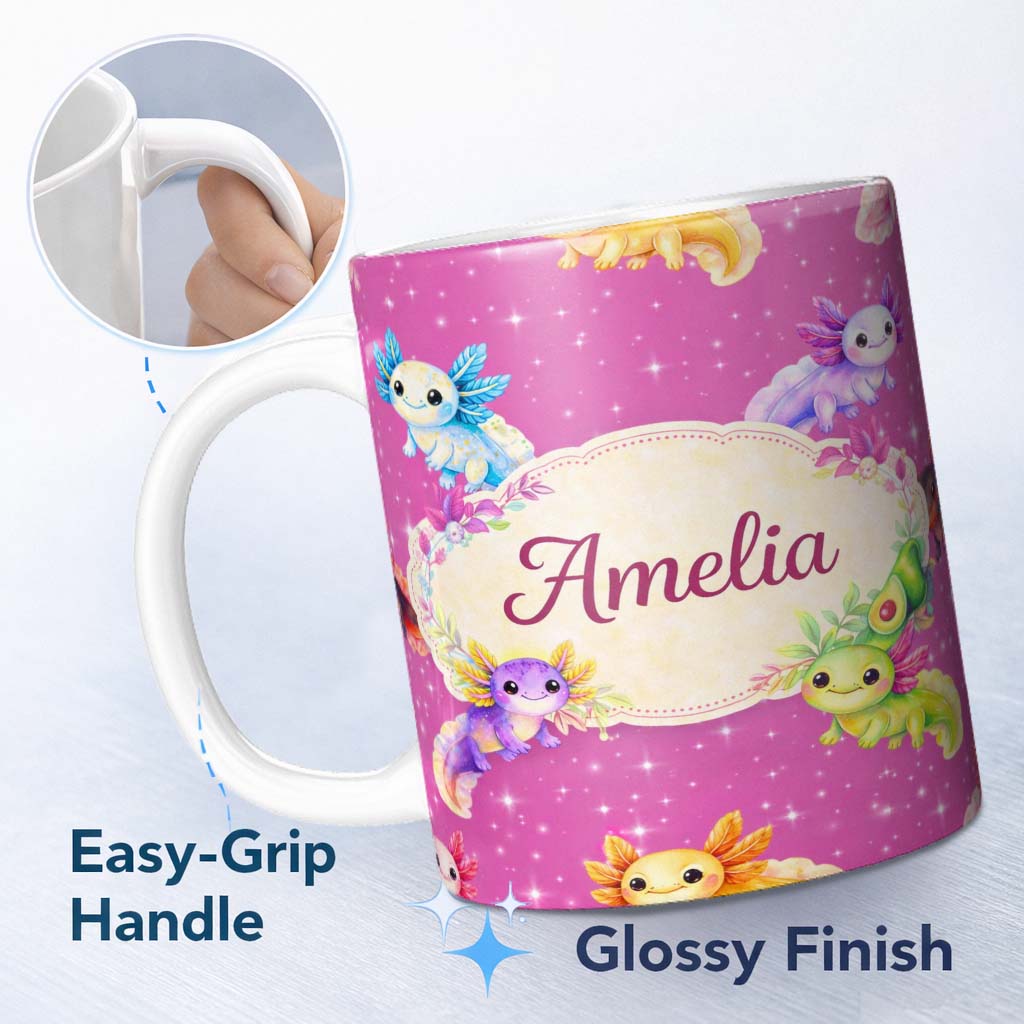 Personalized Custom Name Pink Cute Axolotl Cartoon Seamless Pattern Kawaii Fantasy Animal 11oz Ceramic Coffee Tea Mug White Large Handle