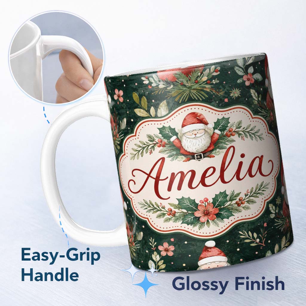 Personalized Custom Name Christmas Santa Botanical Dark Green Festive Seamless Pattern Lovely 11oz Ceramic Coffee Tea Mug White Large Handle