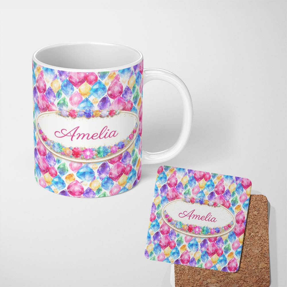 Personalized Custom Name Colorful Watercolor Crystal Gemstone Seamless Pattern Lovely 11oz Ceramic Coffee Tea Mug White Large Handle