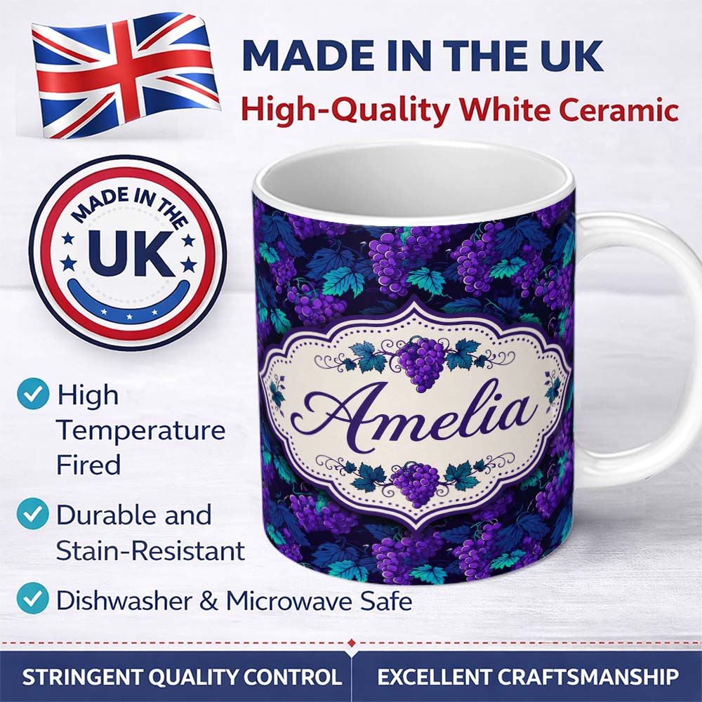 Personalized Custom Name Teal Leaves and Purple Grapes Decorative Seamless Pattern Lovely 11oz Ceramic Coffee Tea Mug White Large Handle