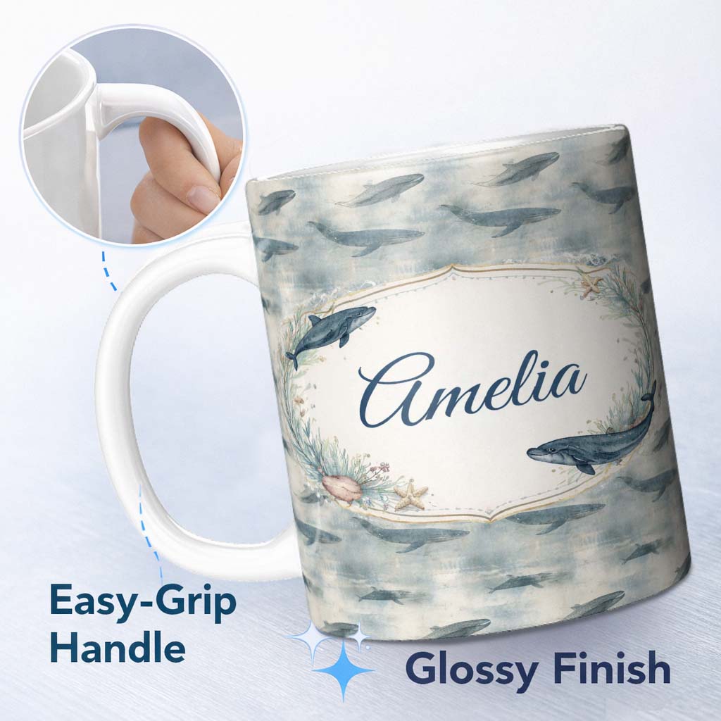 Personalized Custom Name Deep Teal Whale Seamless Pattern Minimal Marine Animal Ocean Design 11oz Ceramic Coffee Tea Mug White Large Handle