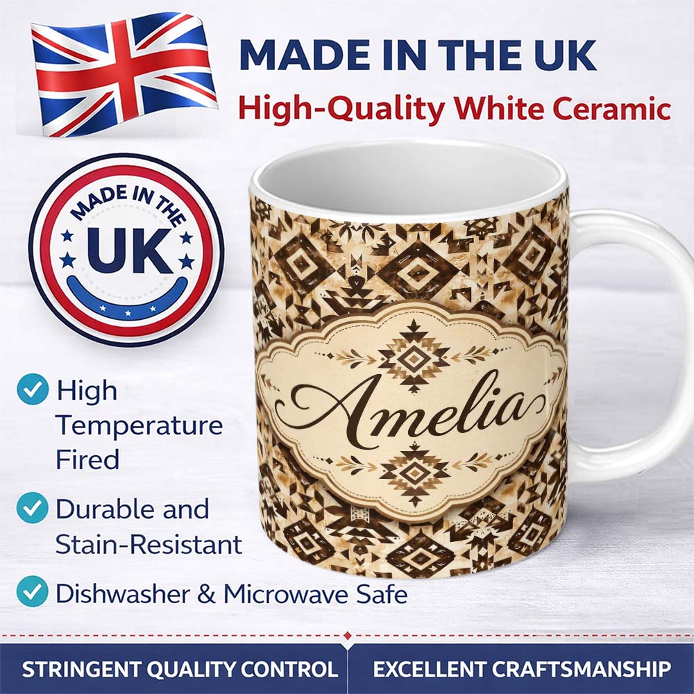 Personalized Custom Name Vintage Brown Tribal Aztec Ornamental Seamless Pattern Lovely 11oz Ceramic Coffee Tea Mug White Large Handle