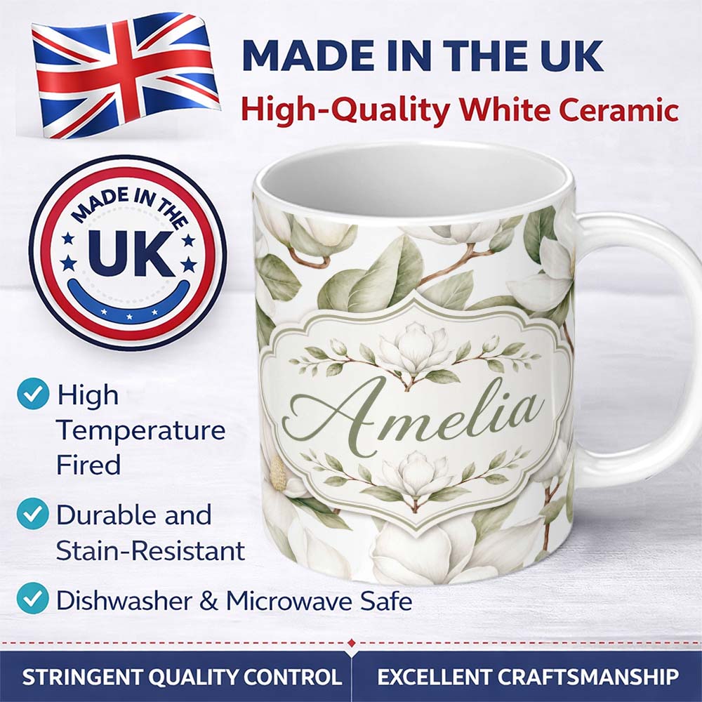 Personalized Custom Name Delicate Magnolia Bloom Pattern with Soft Botanical Leaves Seamless 11oz Ceramic Coffee Tea Mug White Large Handle
