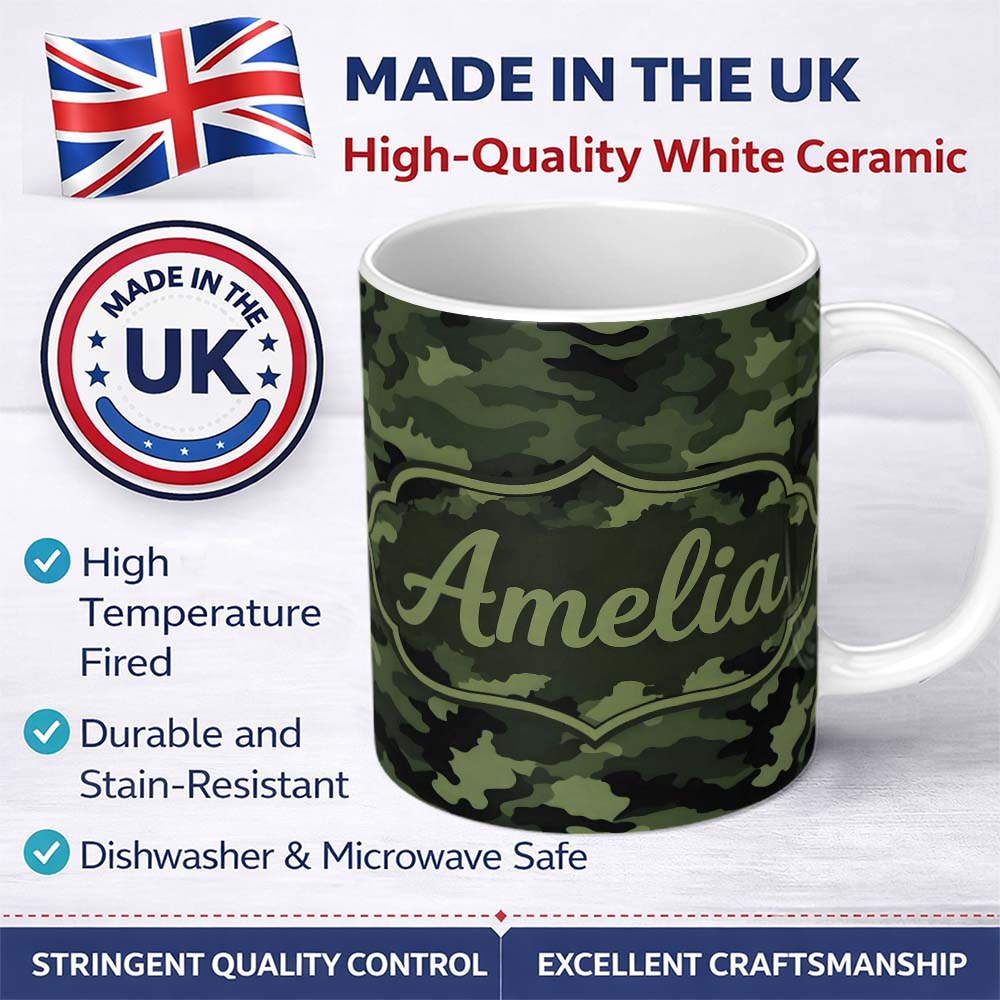 Personalized Custom Name Dark Green Military Camouflage Seamless Pattern Cute Unique Gift 11oz Ceramic Coffee Tea Mug White Large Handle
