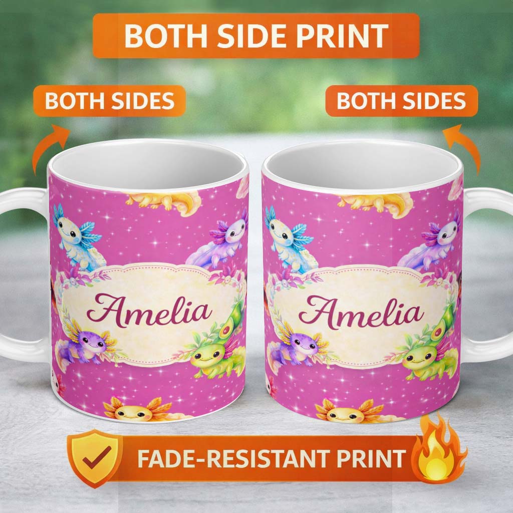 Personalized Custom Name Pink Cute Axolotl Cartoon Seamless Pattern Kawaii Fantasy Animal 11oz Ceramic Coffee Tea Mug White Large Handle