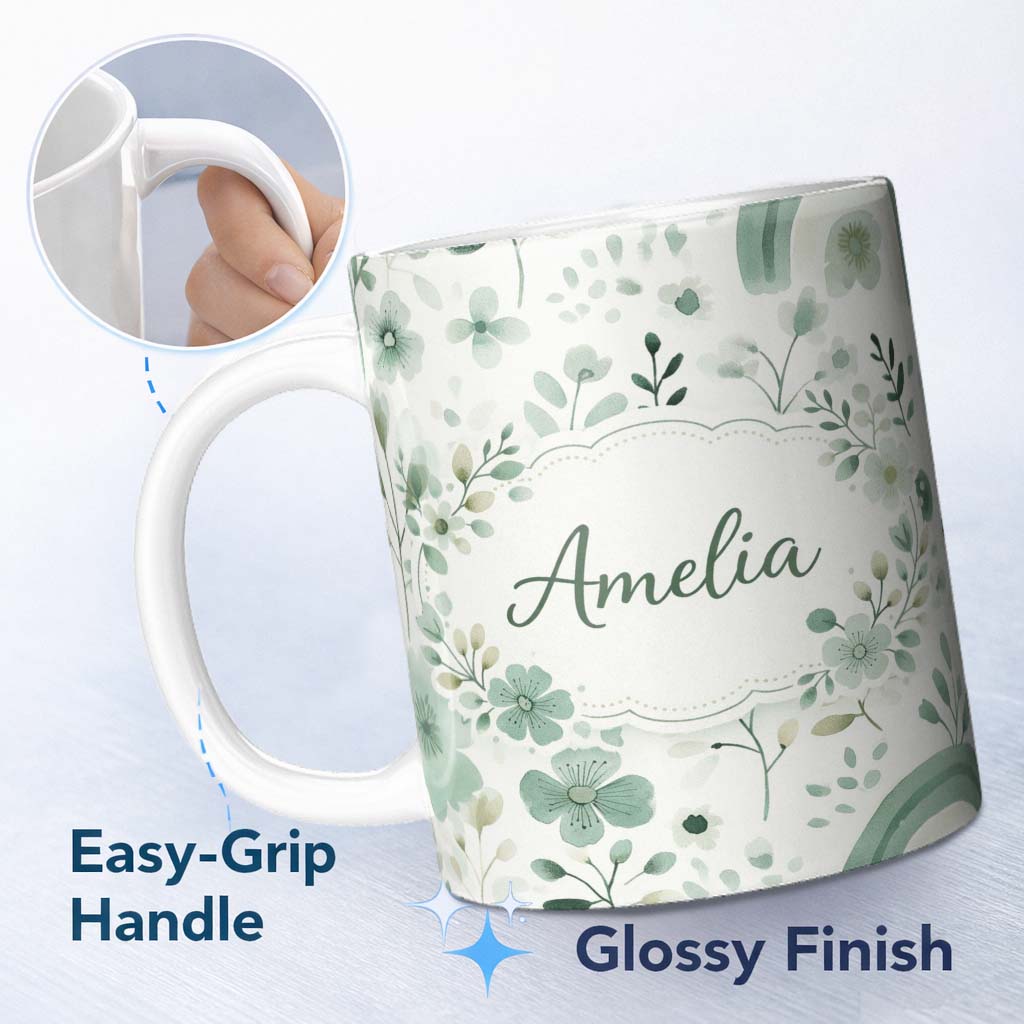 Personalized Custom Name Watercolor Green Floral Rainbow Pattern White Background Seamless 11oz Ceramic Coffee Tea Mug White Large Handle