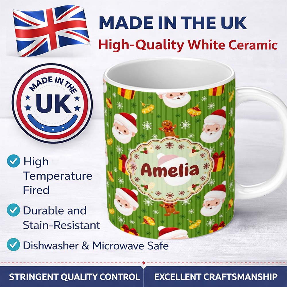 Personalized Custom Name Cute Santa Claus Gingerbread Gift Snowflake Festive Seamless Pattern 11oz Ceramic Coffee Tea Mug White Large Handle