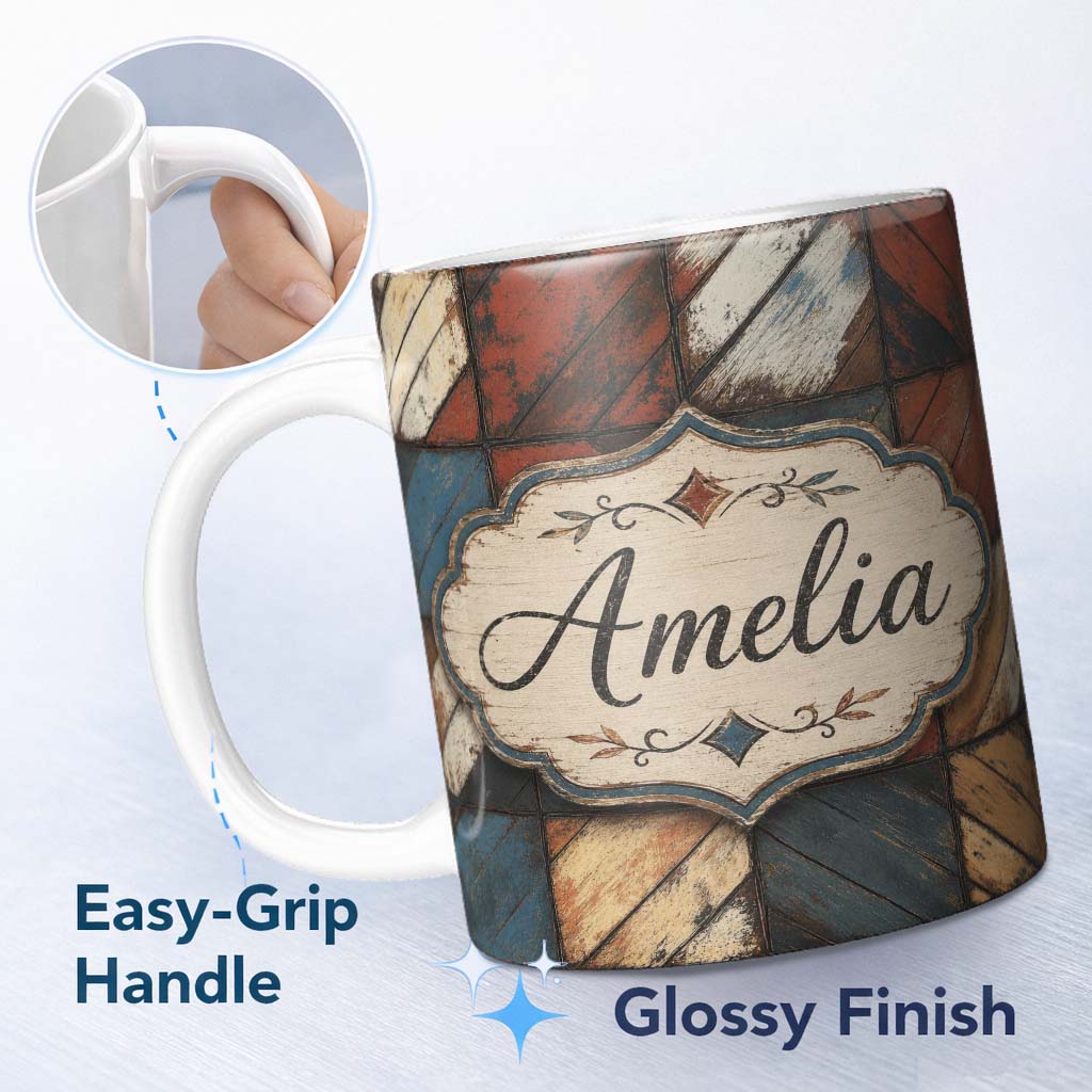 Personalized Custom Name Rustic Multicolor Wood Tile Geometric Patchwork Seamless Pattern 11oz Ceramic Coffee Tea Mug White Large Handle