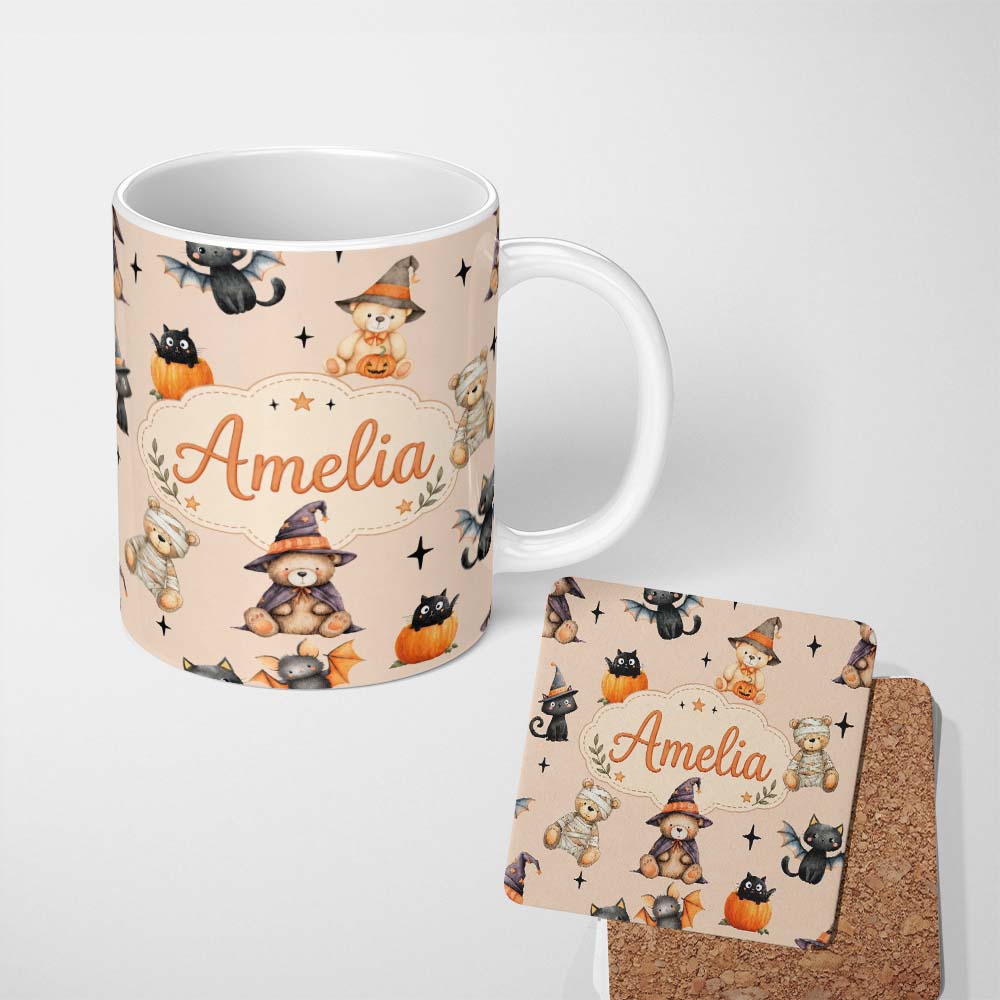 Personalized Custom Name Cute Halloween Teddy Bears Mummy Witch Cat Pumpkin Stars Beige 11oz Ceramic Coffee Tea Mug White Large Handle