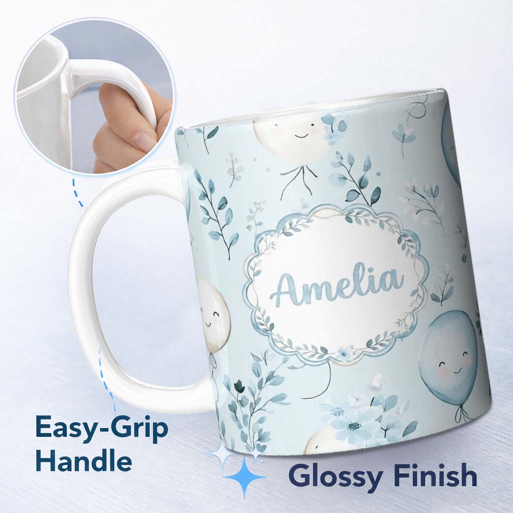 Personalized Custom Name Cute Pastel Balloons with Leaves Light Blue Background Seamless 11oz Ceramic Coffee Tea Mug White Large Handle