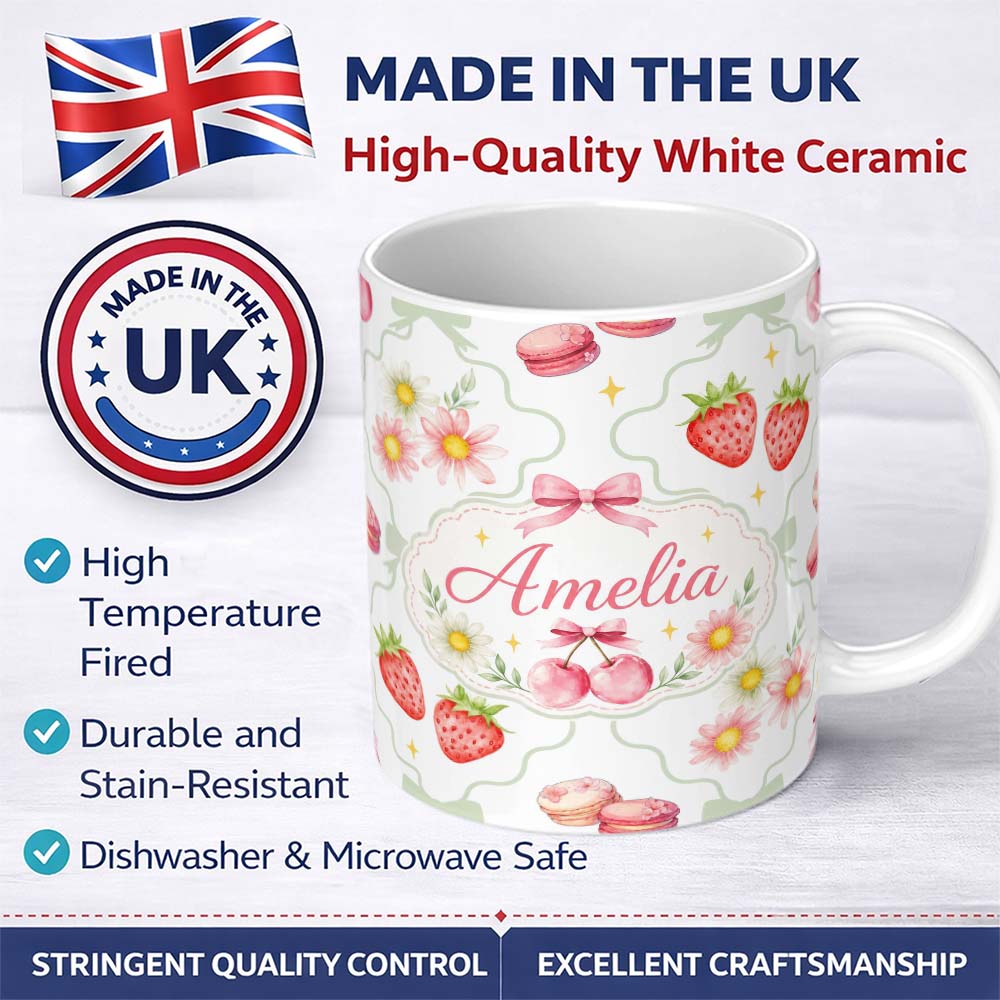 Personalized Custom Name Strawberry Cherry Daisy Floral Bow Sweet Dessert Sage Green Outline 11oz Ceramic Coffee Tea Mug White Large Handle