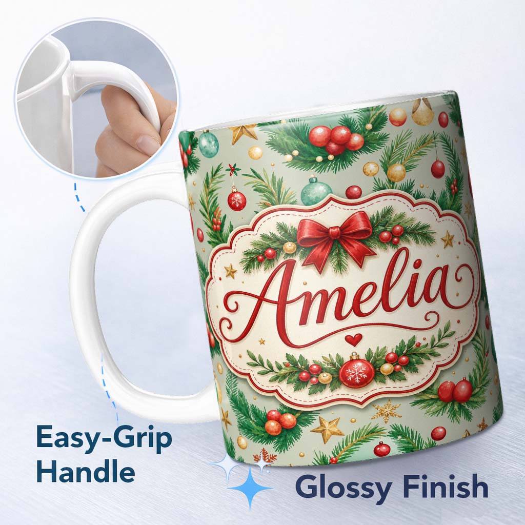 Personalized Custom Name Watercolor Christmas Wreath Ornament Holly Berry Seamless Pattern 11oz Ceramic Coffee Tea Mug White Large Handle