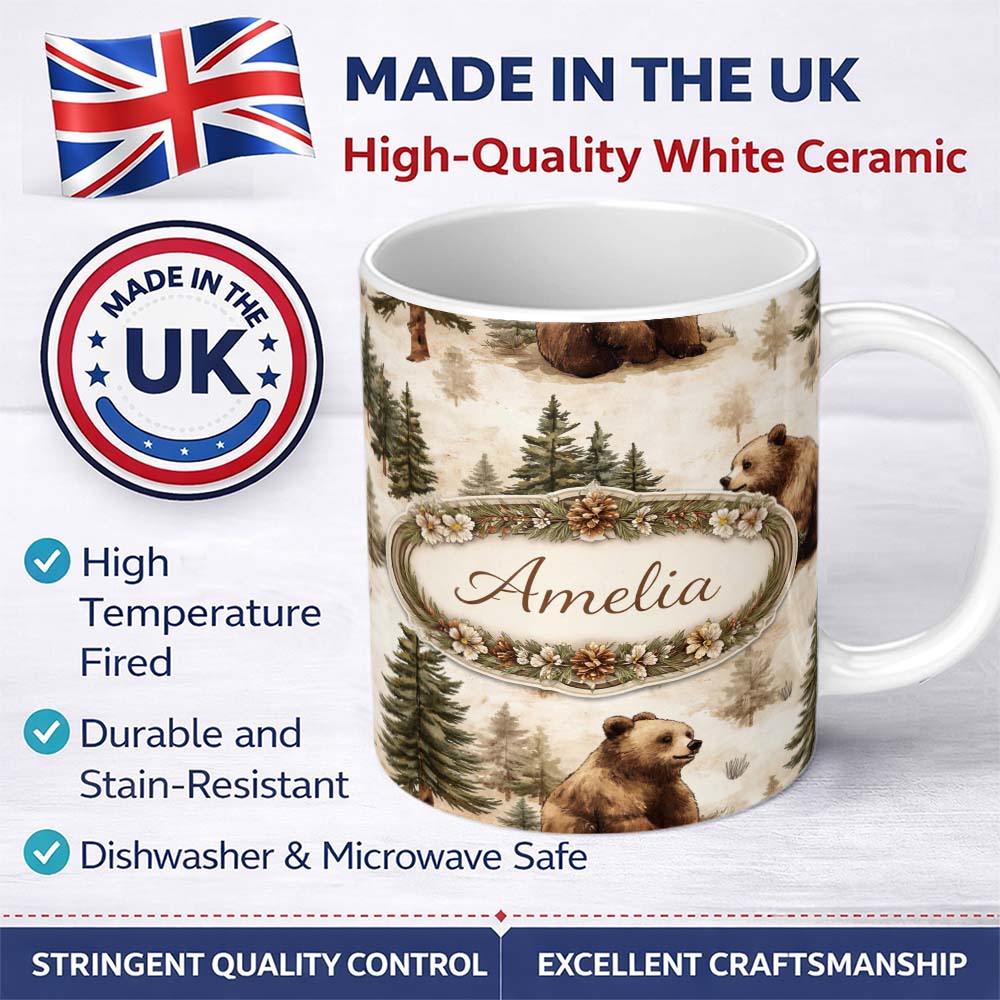 Personalized Custom Name Bear Portrait Circle Seamless Pattern Dark Rustic Wildlife Design 11oz Ceramic Coffee Tea Mug White Large Handle