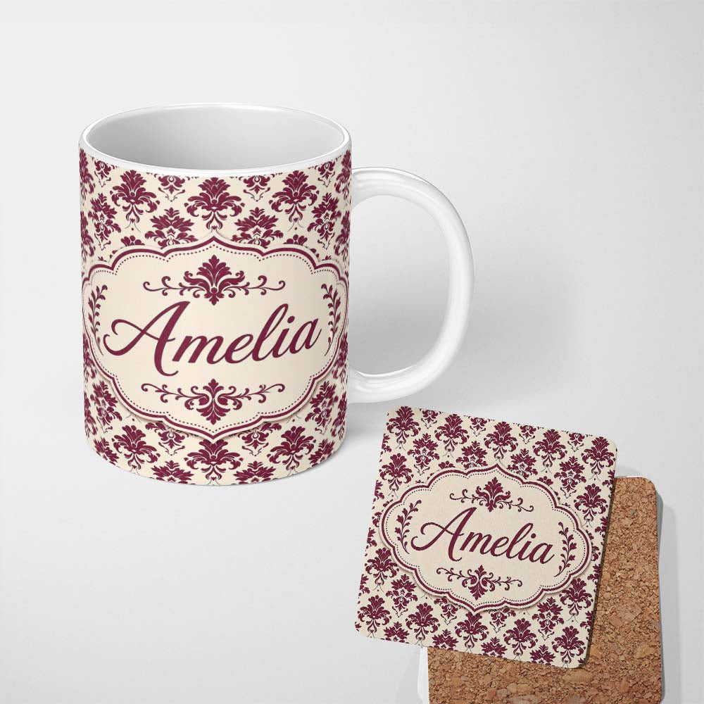Personalized Custom Name Classic Burgundy Damask Repeat Cream Background Traditional Lovely 11oz Ceramic Coffee Tea Mug White Large Handle
