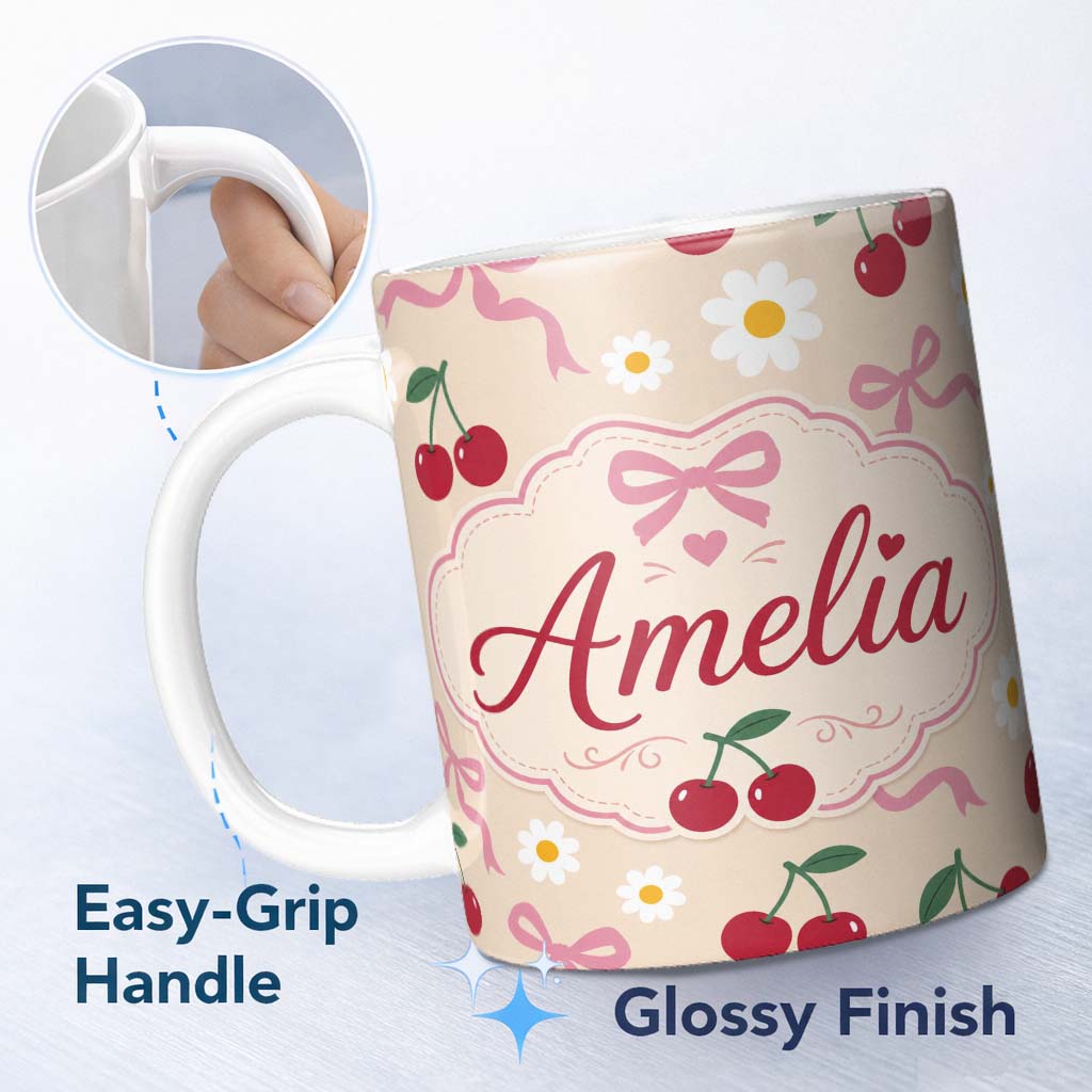 Personalized Custom Name Cute Cherry and Daisy Flowers with Pink Ribbon Bows Pattern Beige 11oz Ceramic Coffee Tea Mug White Large Handle