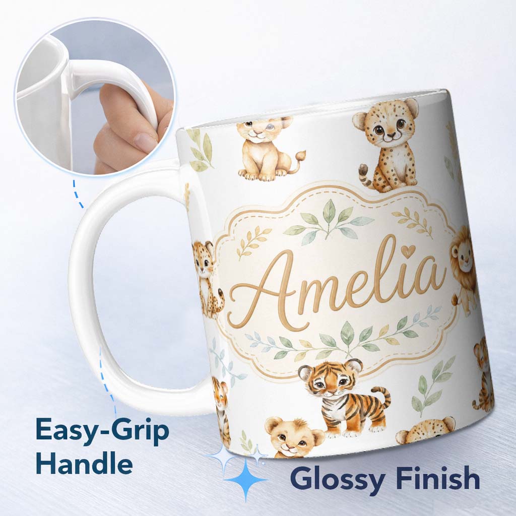 Personalized Custom Name Cute Baby Jungle Animals with Leaves on Grey Background Seamless 11oz Ceramic Coffee Tea Mug White Large Handle