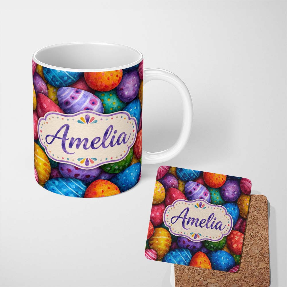 Personalized Custom Name Hand Painted Easter Egg Pattern with Dots and Decorative Details 11oz Ceramic Coffee Tea Mug White Large Handle