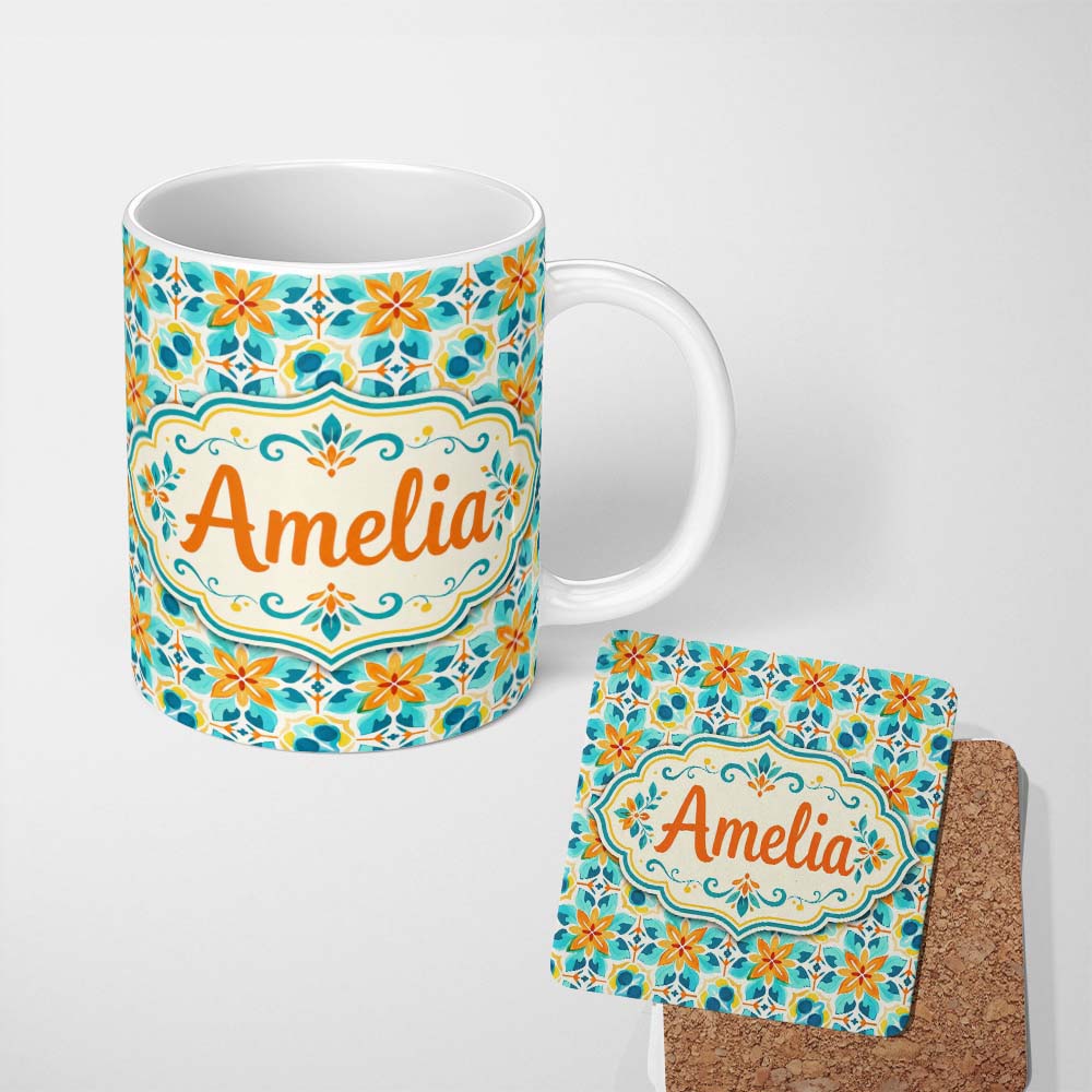 Personalized Custom Name Dark Floral Folk Pattern Orange Blue Seamless Pattern Lovely 11oz Ceramic Coffee Tea Mug White Large Handle