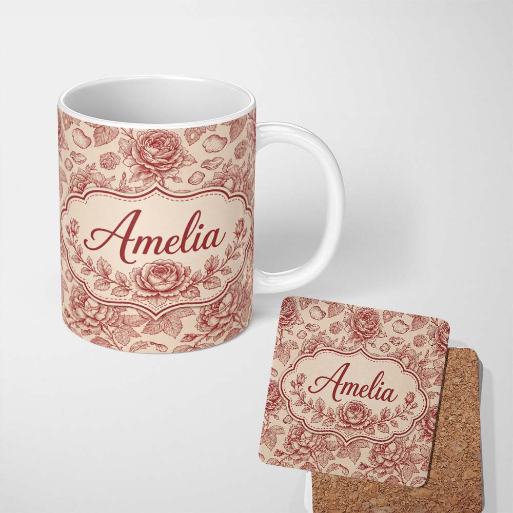 Personalized Custom Name Vintage Red Rose Floral Sketch Seamless Pattern Design Elegant 11oz Ceramic Coffee Tea Mug White Large Handle
