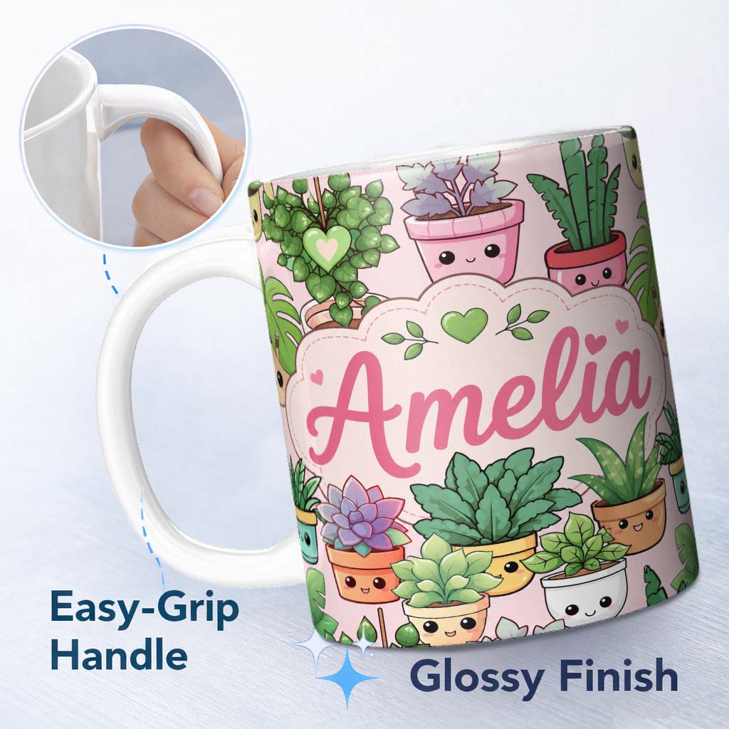 Personalized Custom Name Cute Kawaii Smiling Plant Pots Succulents Leaves Pattern Blush 11oz Ceramic Coffee Tea Mug White Large Handle