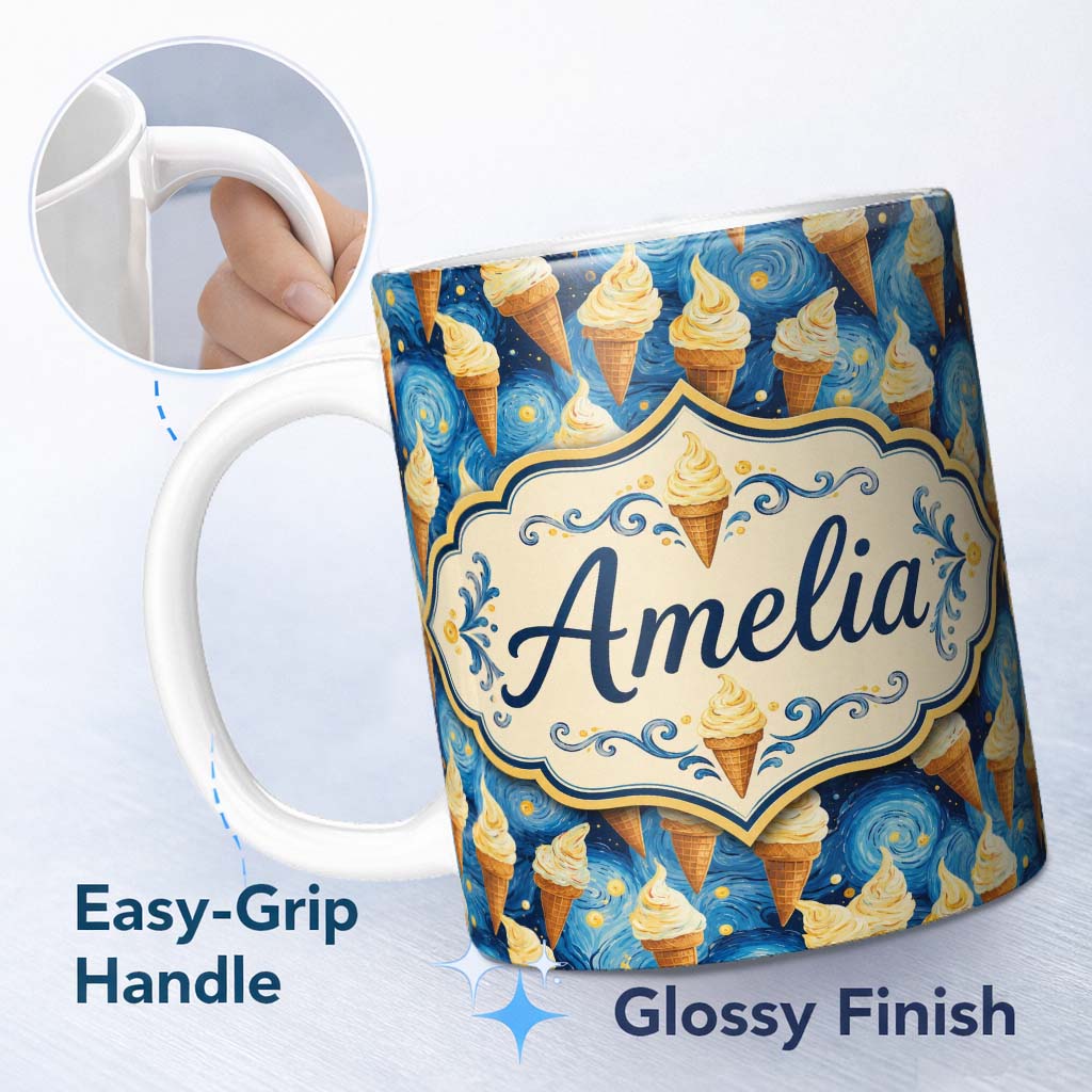 Personalized Custom Name Artistic Ice Cream Cones Over Starry Night Inspired Blue Swirl 11oz Ceramic Coffee Tea Mug White Large Handle