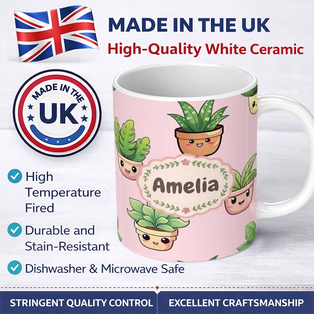 Personalized Custom Name Cute Kawaii Smiling Plant Pots Leaves Seamless Pattern Blush Lovely 11oz Ceramic Coffee Tea Mug White Large Handle