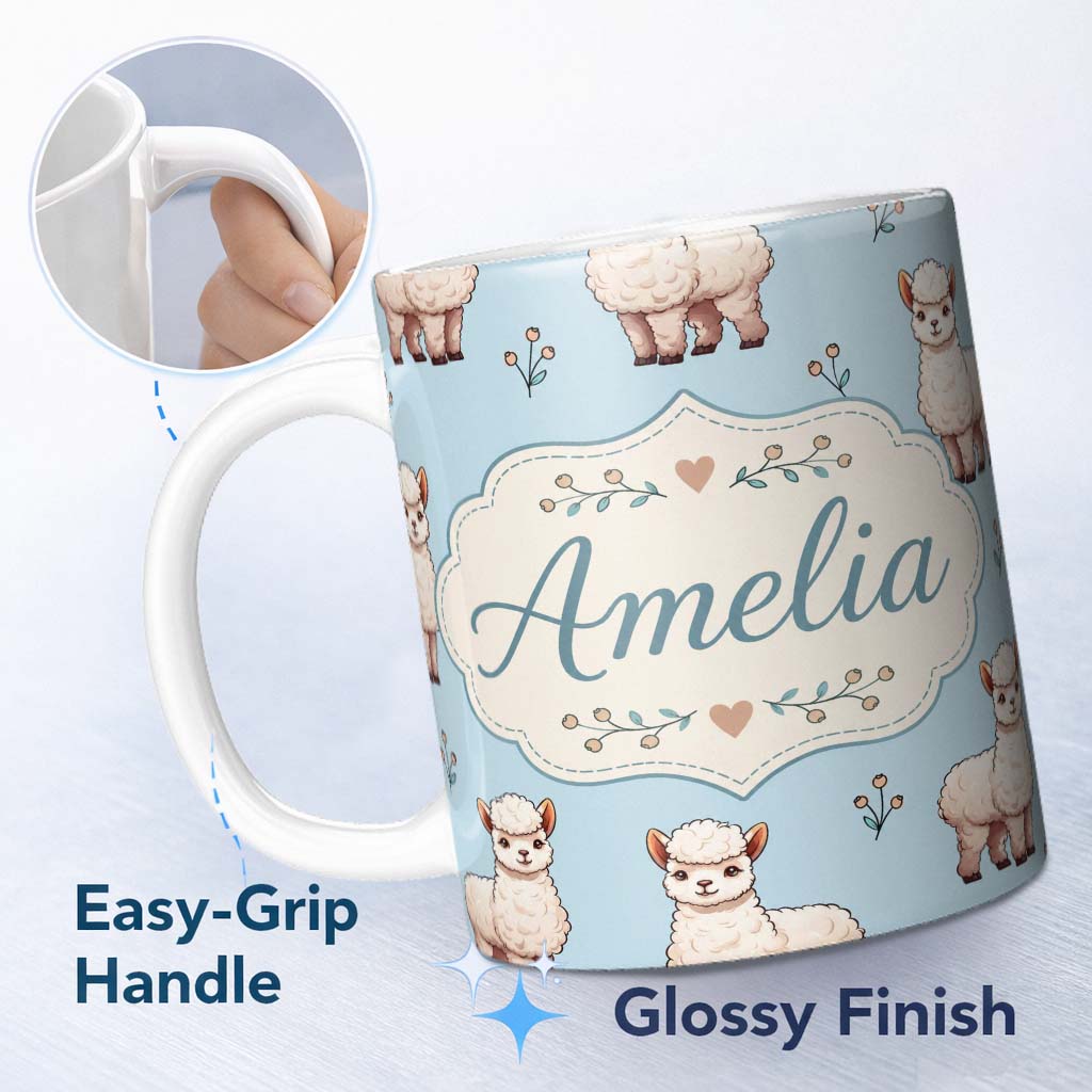 Personalized Custom Name Cute Alpaca Llama Pattern with Floral Sprigs on Soft Blue Background 11oz Ceramic Coffee Tea Mug White Large Handle
