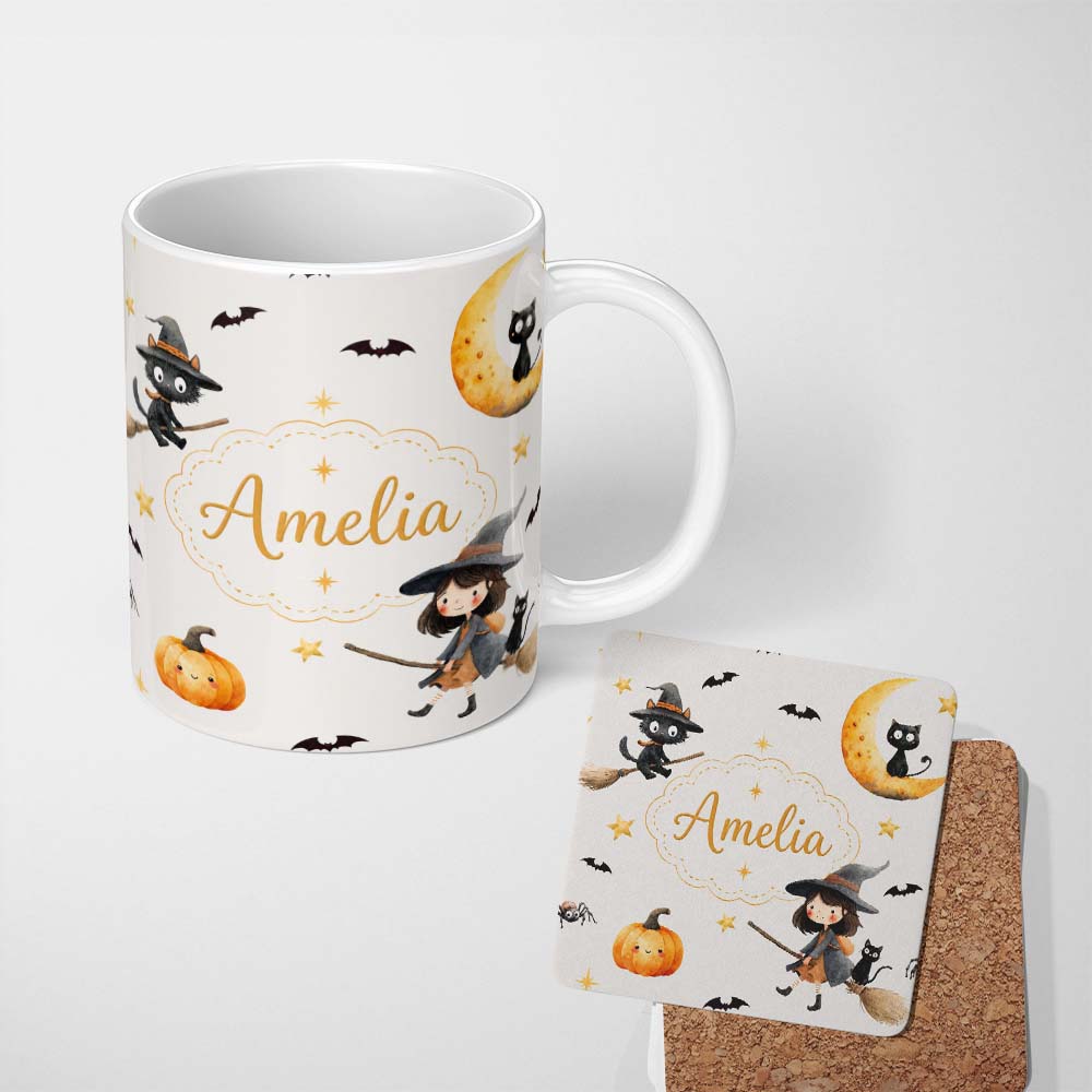 Personalized Custom Name Cute Halloween Witch Girl Cat and Crescent Moon Light Grey Lovely 11oz Ceramic Coffee Tea Mug White Large Handle