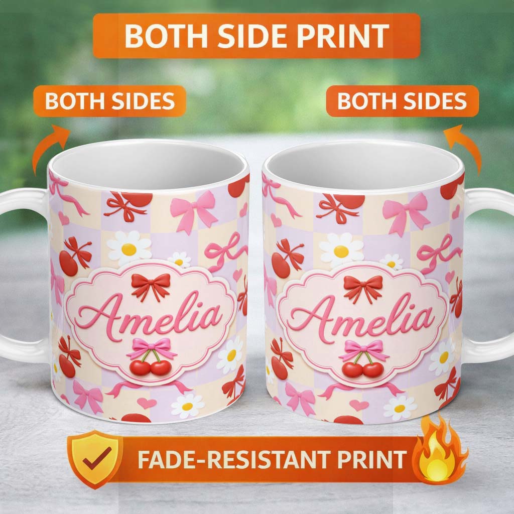 Personalized Custom Name Cute Cherry Bow Daisy Heart Seamless Pattern on Pastel Lilac Gingham 11oz Ceramic Coffee Tea Mug White Large Handle