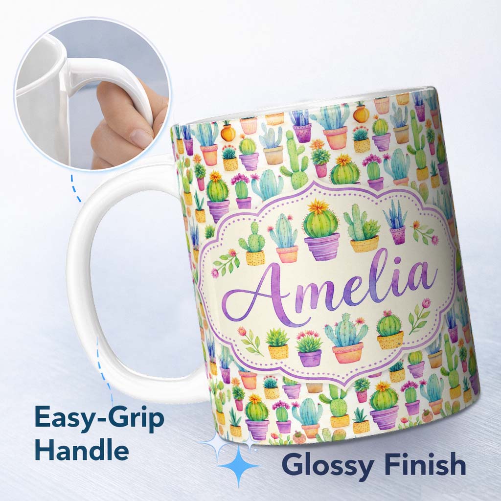 Personalized Custom Name Colorful Pastel Cactus Succulent Garden Bright Seamless Pattern 11oz Ceramic Coffee Tea Mug White Large Handle
