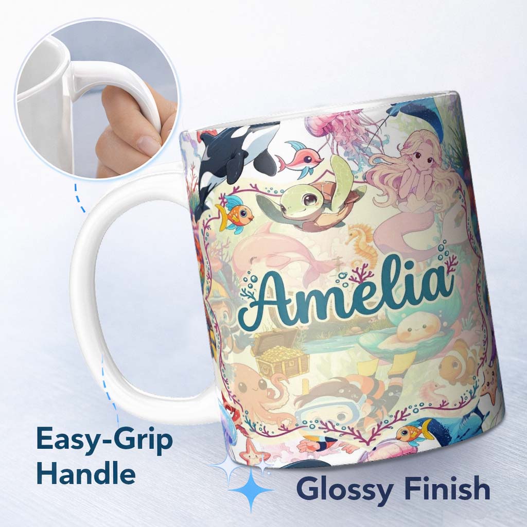 Personalized Custom Name Cute Underwater Ocean Scene Mermaid Dolphin Turtle Treasure White 11oz Ceramic Coffee Tea Mug White Large Handle