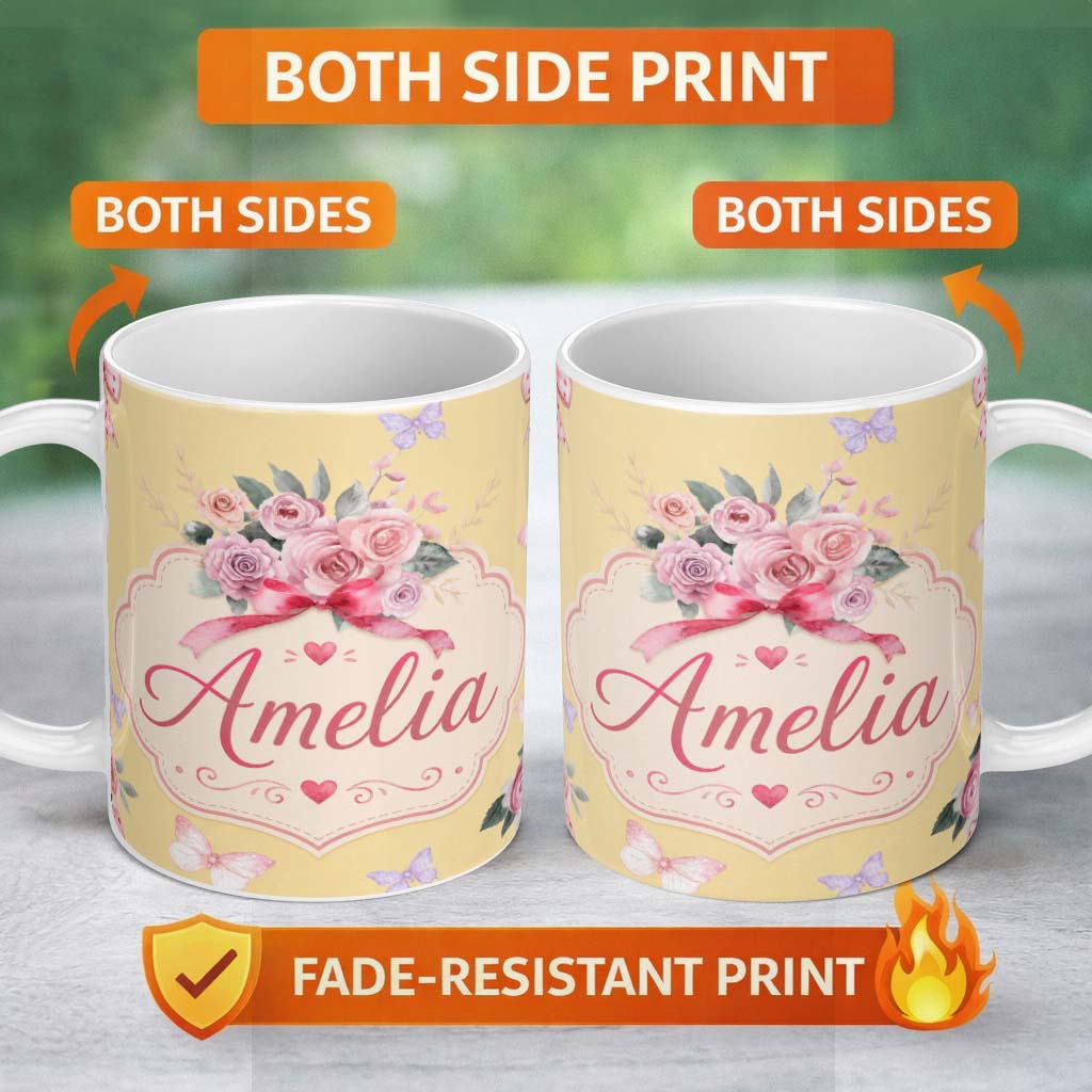Personalized Custom Name Cute Watercolor Roses Bouquet with Red Ribbon Soft Yellow Background 11oz Ceramic Coffee Tea Mug White Large Handle