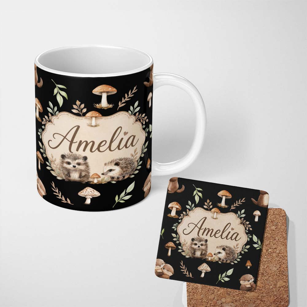 Personalized Custom Name Cute Hedgehog Woodland Mushrooms Leaves Forest Seamless Pattern Name 11oz Ceramic Coffee Tea Mug White Large Handle