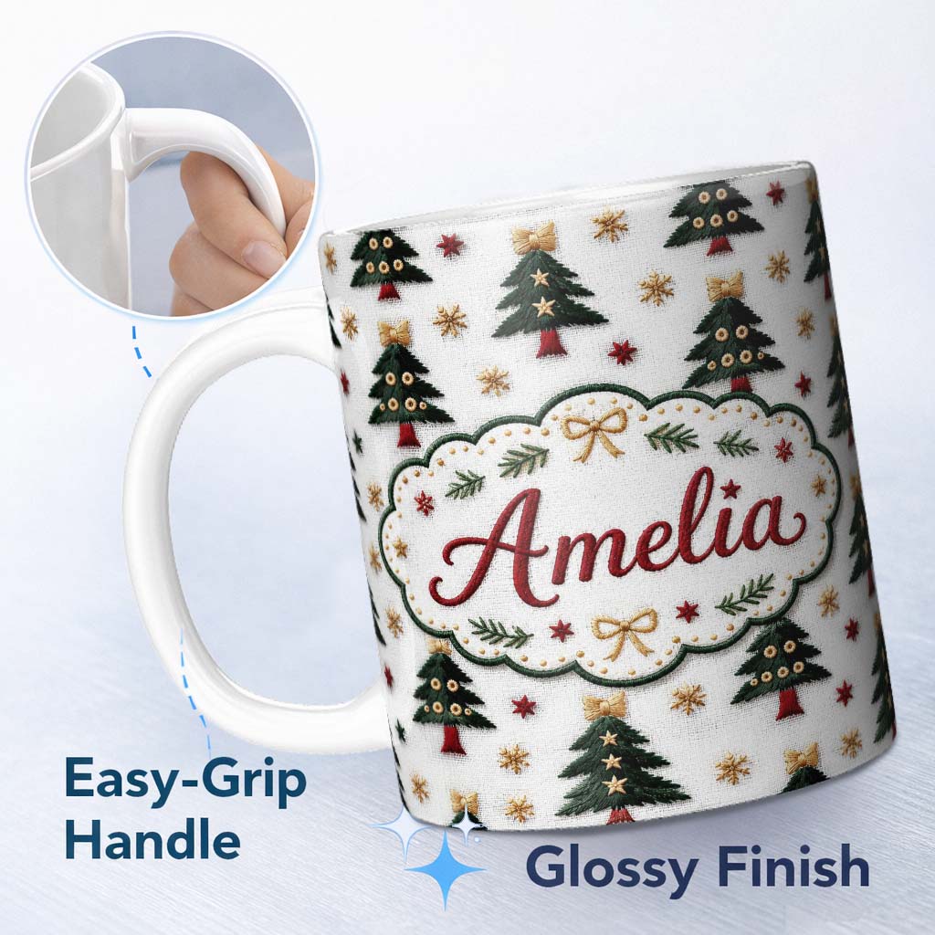 Personalized Custom Name Festive Embroidered Christmas Trees Stars Seamless Pattern Lovely 11oz Ceramic Coffee Tea Mug White Large Handle