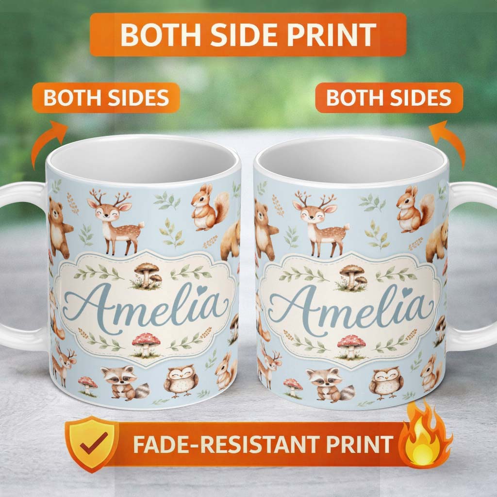 Personalized Custom Name Forest Animals Bear Deer Fox Owl Raccoon on Soft Blue Seamless 11oz Ceramic Coffee Tea Mug White Large Handle