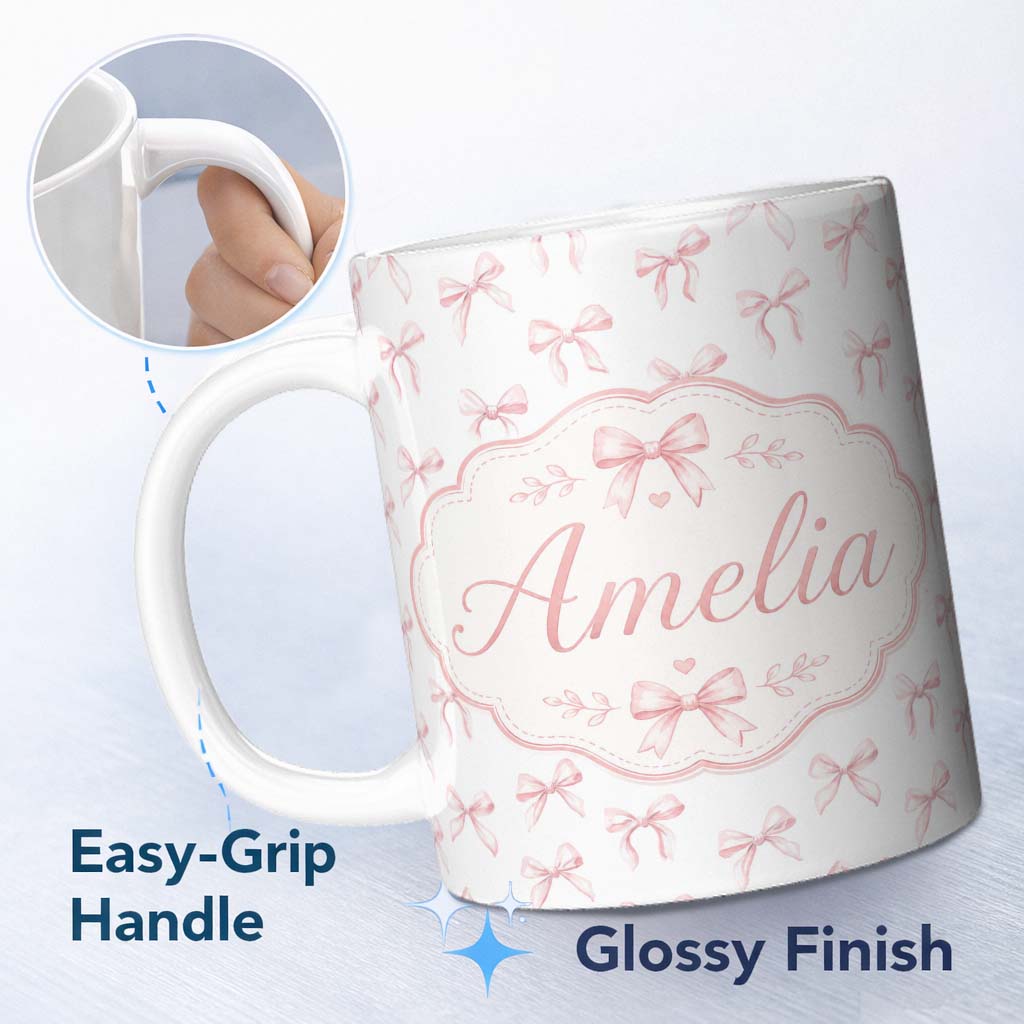 Personalized Custom Name Soft Pink Watercolor Bows Minimal Elegant Seamless Pattern Lovely 11oz Ceramic Coffee Tea Mug White Large Handle